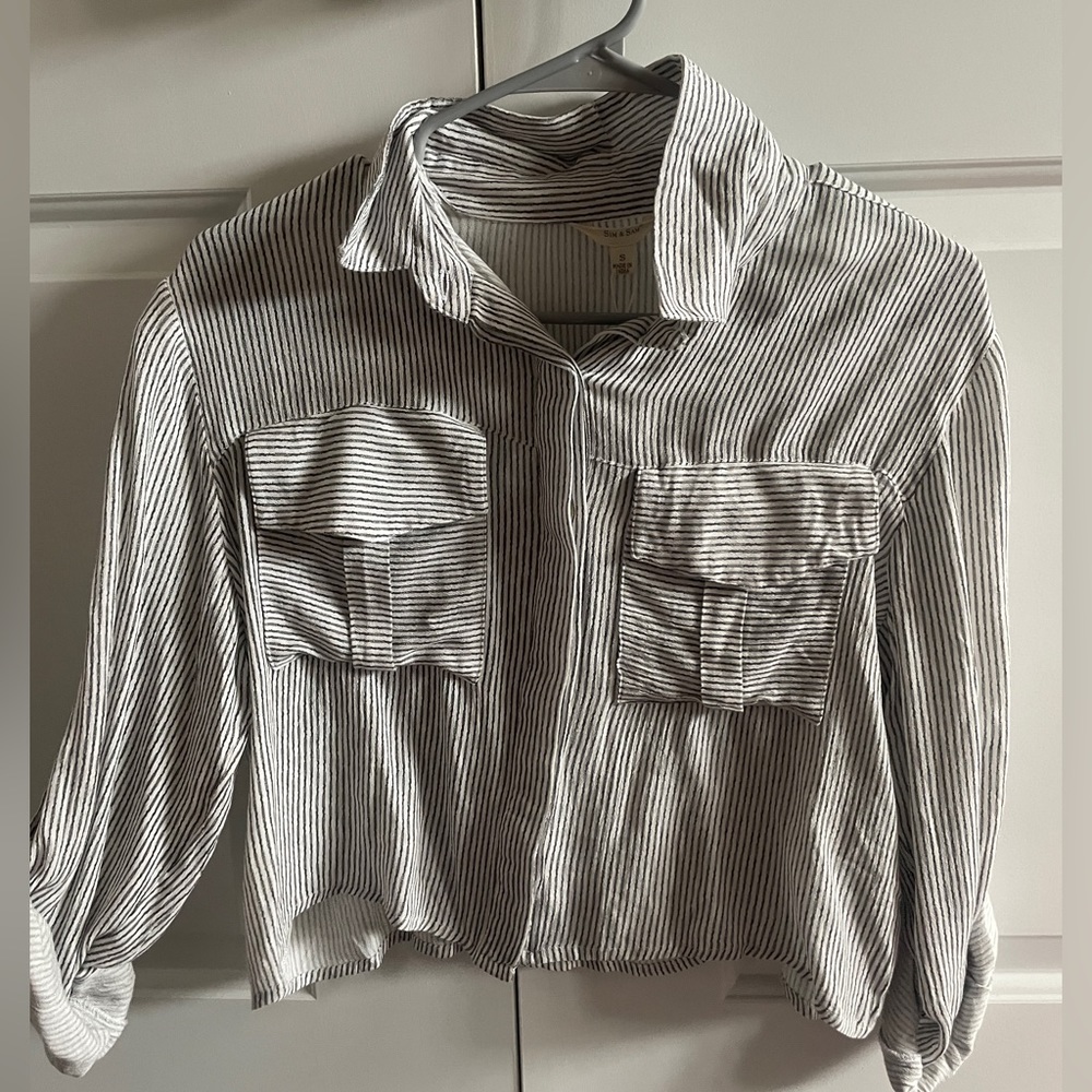 grey and white striped button down blouse